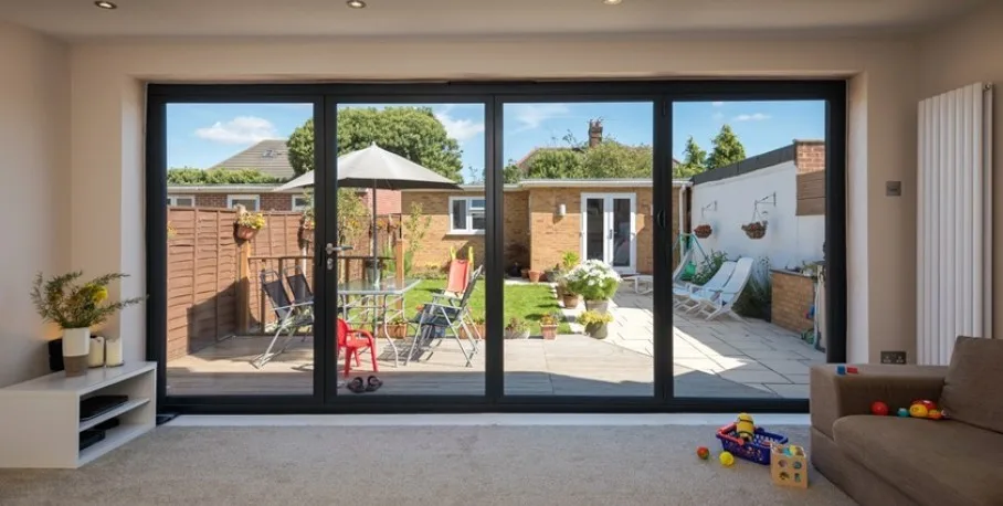 Origin OB-72 aluminium bi-fold door open across a rear elevation