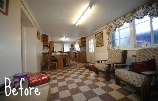 Before: a dated kitchen and living space with patterned curtains and a tiled floor