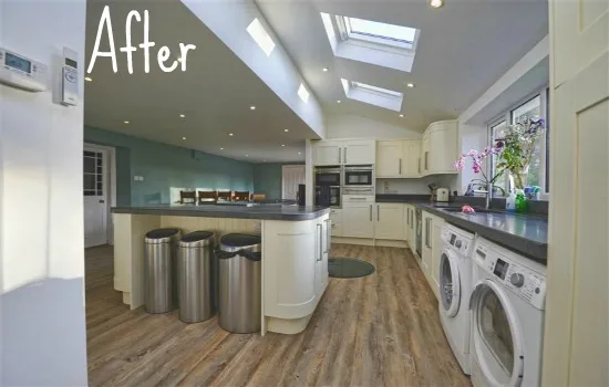 After: the same space renovated into a modern kitchen with roof lights