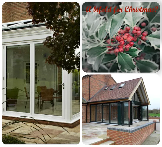 Collage of a conservatory, frosted holly berries and a brick garden room