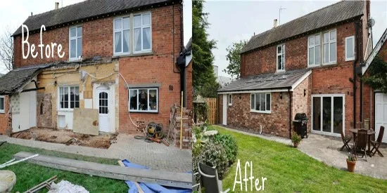 Before and after views of a brick house renovation