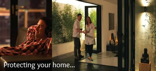 Three night-time views of a home with bifold doors, captioned ‘Protecting your home’