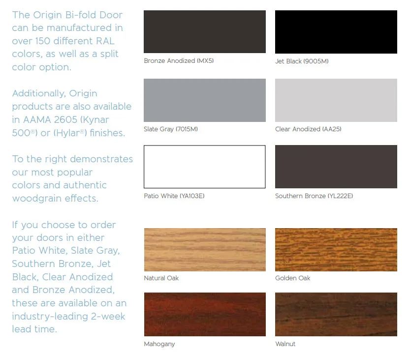 Origin aluminium bi-fold door colour chart