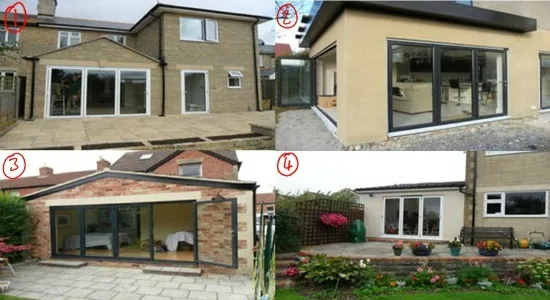 Grid of four recent installations, each showing a house exterior with new doors or an extension
