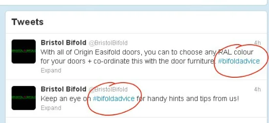 Screenshot of two Bristol Bifold tweets with the #bifoldadvice hashtag circled